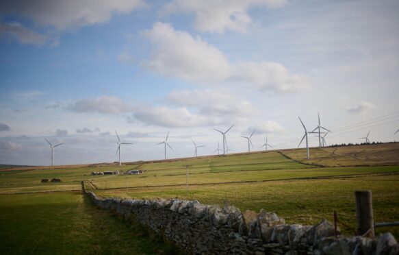 Wind Turbines on a onshore windfarm, Scotland, UK.