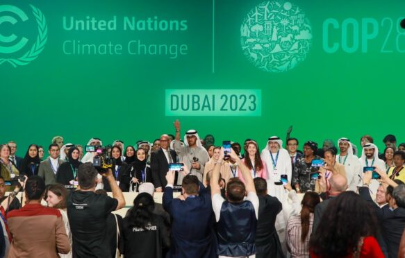 A press briefing at COP28 in Dubai. Credit: IISD/ENB | Mike Muzurakis