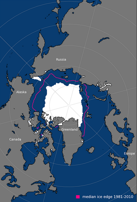 Arctic sea ice extent in September 2024. Average sea ice edge for 1981-2010 is shown in pink. Source: NSIDC.