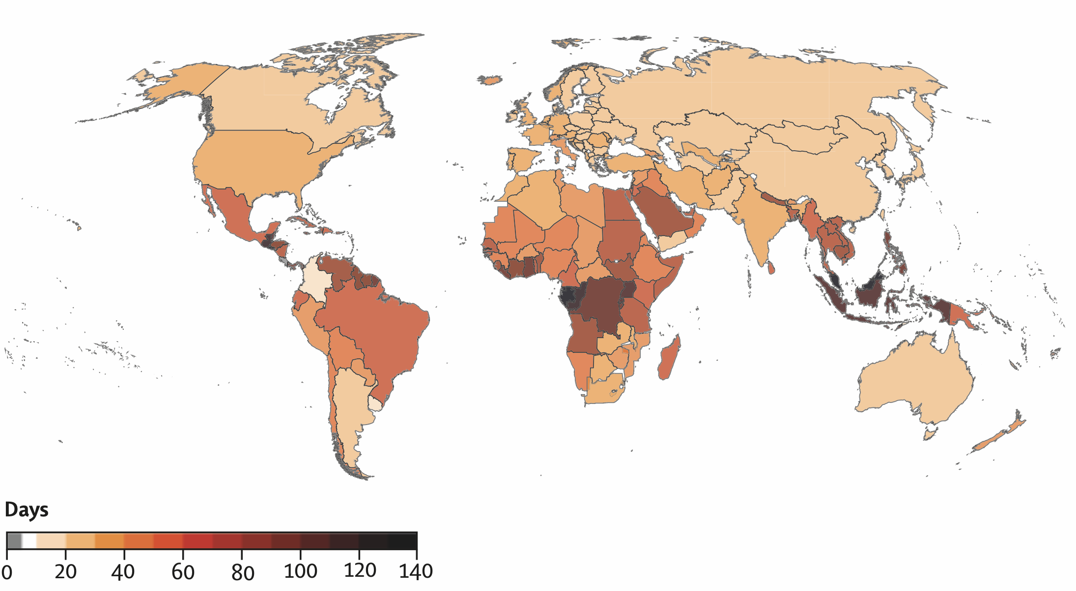 Average number of days with health-threatening temperatures attributable to climate change per year, over 2019-23, by country. Source: Lancet Countdown (2024).