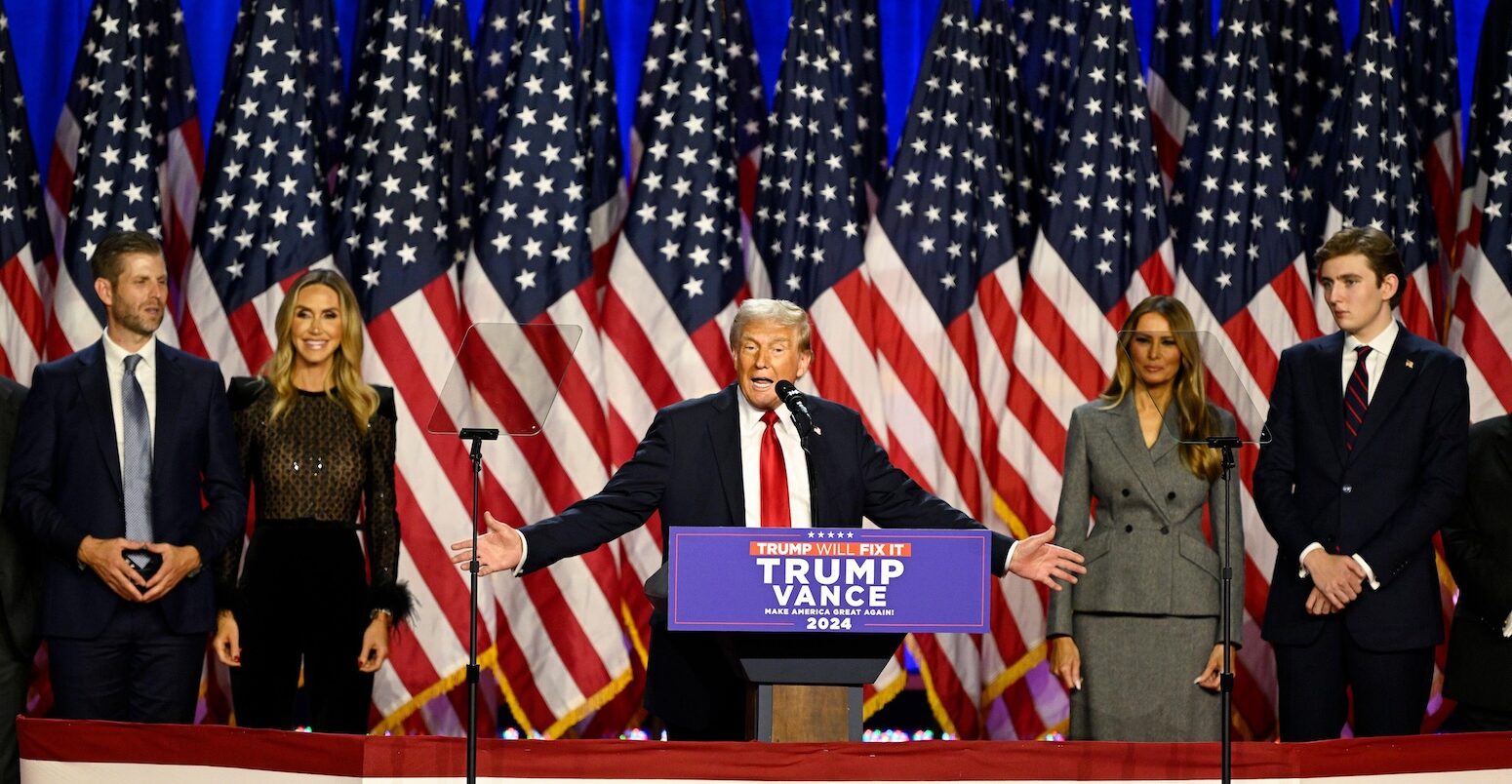 Donald Trump delivers a speech from the Palm Beach Convention Center at the Trump Campaign Election Night Watch Party in West Palm Beach, Florida, November 5, 2024.