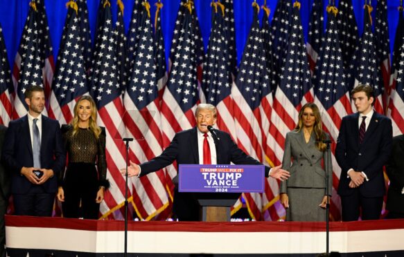 Donald Trump delivers a speech from the Palm Beach Convention Center at the Trump Campaign Election Night Watch Party in West Palm Beach, Florida, November 5, 2024.