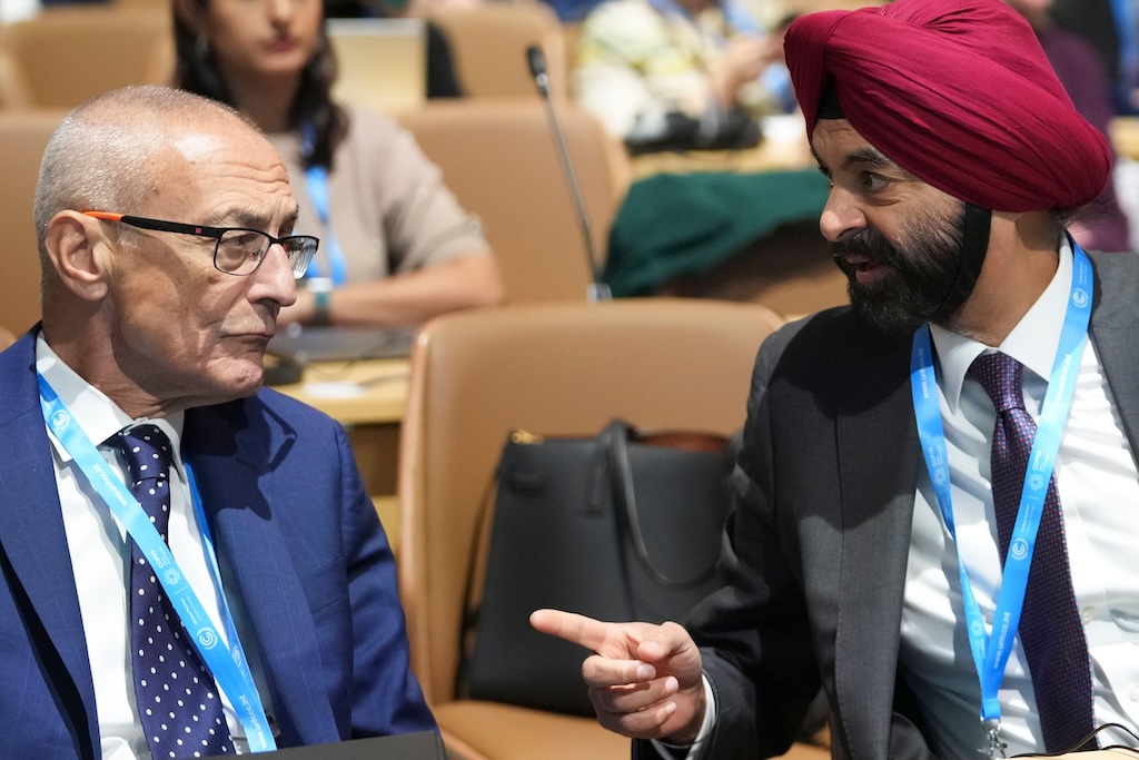 John Podesta, US climate envoy (left), and Ajay Banga, president of the World Bank, at a summit on methane at COP29 on 12 November. Credit: Associated Press / Alamy Stock Photo.