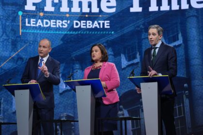 (L-R) Tánaiste and Fianna Fáil leader Micheál Martin, Sinn Féin leader Mary Lou McDonald and Taoiseach and Fine Gael leader Simon Harris during the final TV leaders' debate ahead of the general election on 29 November.