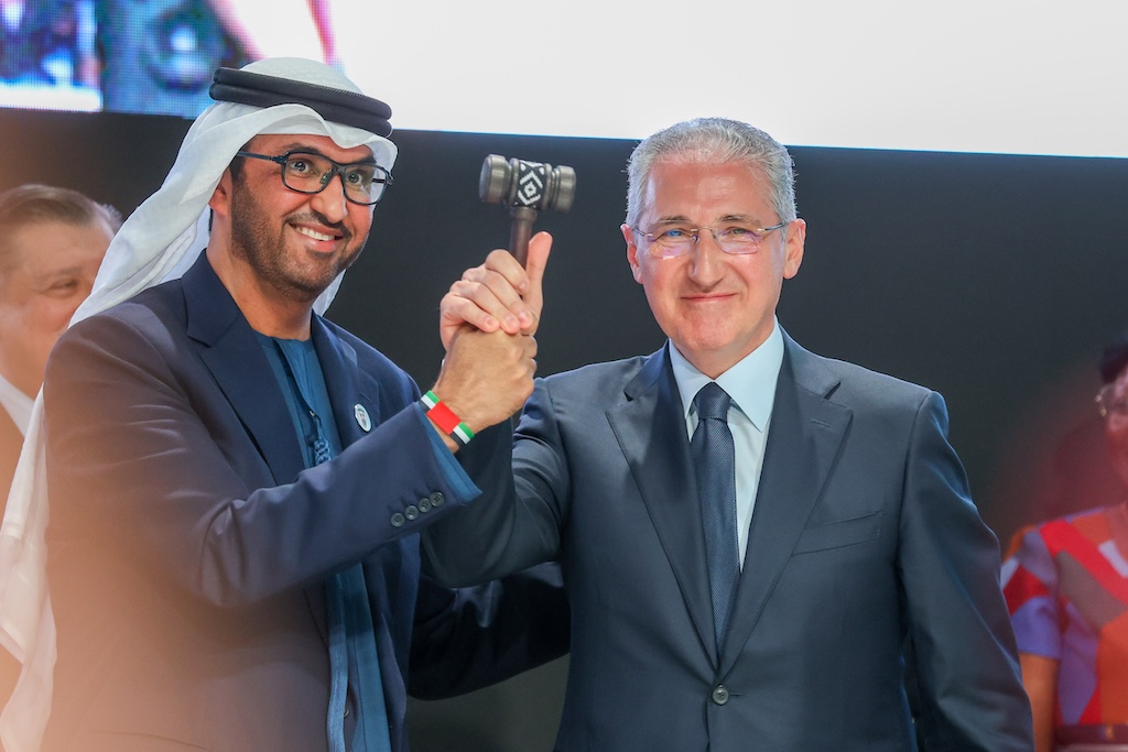 COP28 president Sultan Al Jaber handing over the gavel to COP29 president Mukhtar Babayev on the first day of the talks.