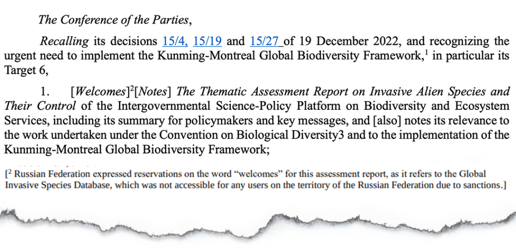 The draft decision on invasive alien species submitted by the Working Group II chair. 