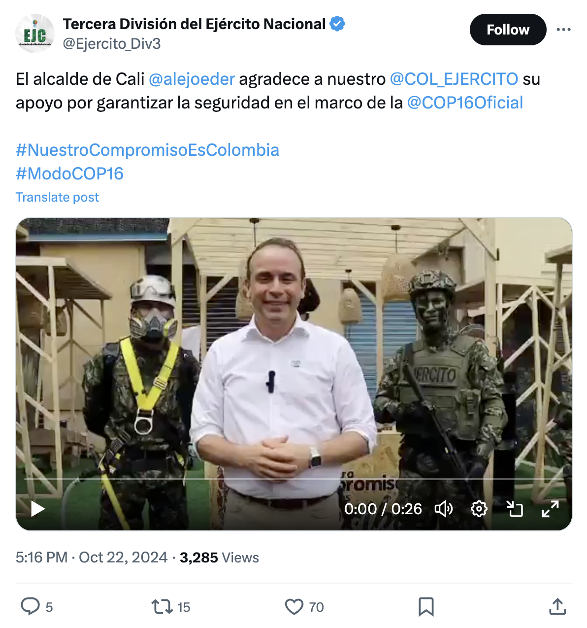 Tercera División del Ejército Nacional on X/Twitter (@Ejercito_Div3): El alcalde de Cali @alejoeder agradece a nuestro @COL_EJERCITO su apoyo por garantizar la seguridad en el marco de la @COP16Oficial #NuestroCompromisoEsColombia #ModoCOP16