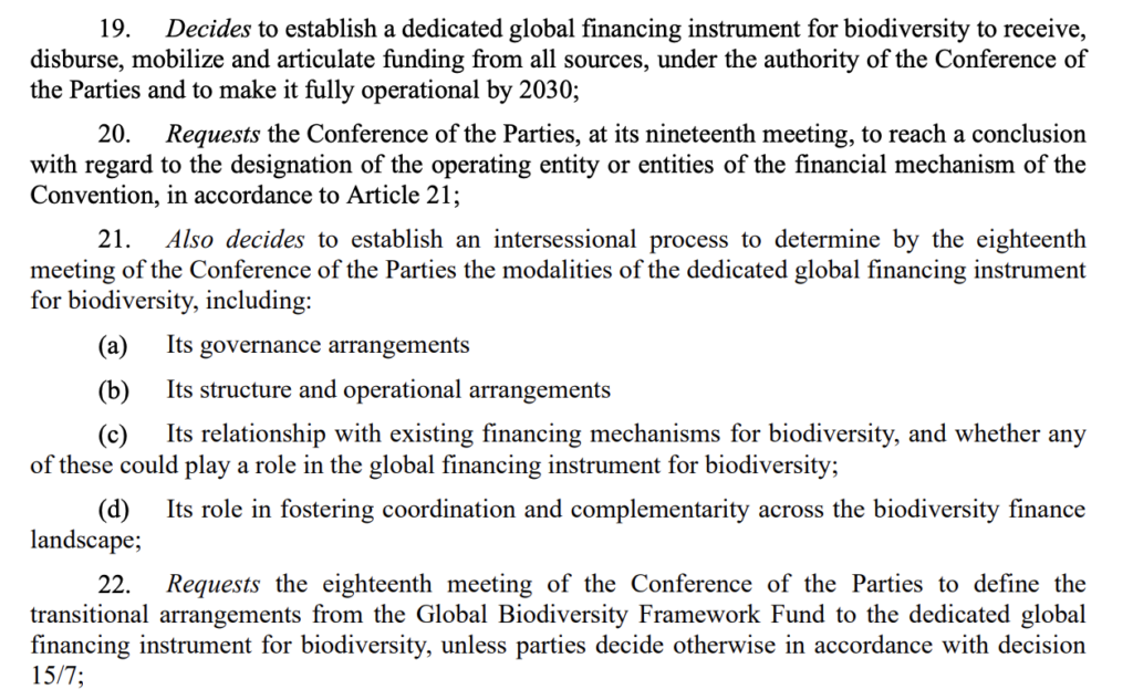 The draft decision text published by the COP16 Colombian presidency in the early hours of Satuday morning that proposed establishing a new global biodiversity fund. The text could not be passed without a quorum. Source: UN CBD (2024)