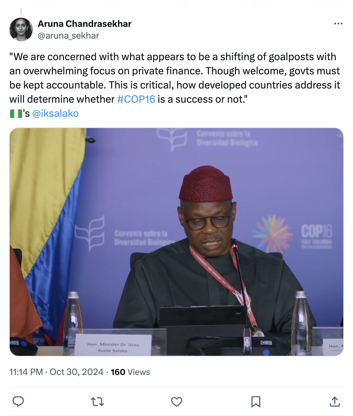 Aruna Chandrasekhar on X/Twitter (@aruna_sekhar): "We are concerned with what appears to be a shifting of goalposts with an overwhelming focus on private finance. Though welcome, govts must be kept accountable. This is critical, how developed countries address it will determine whether #COP16 is a success or not."