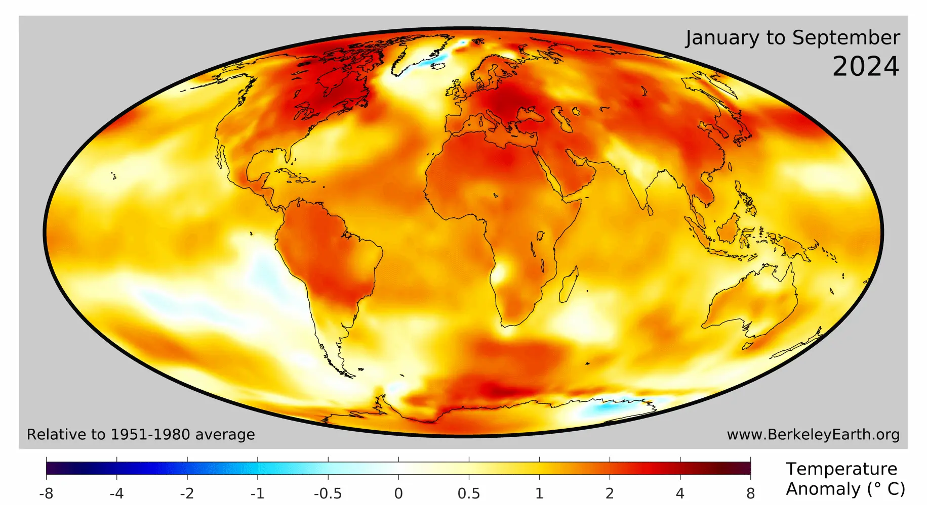 Map of year-to-date (January-September) global surface temperatures. Anomalies are shown relative to the 1951-80 period following the convention used by Berkeley Earth. 