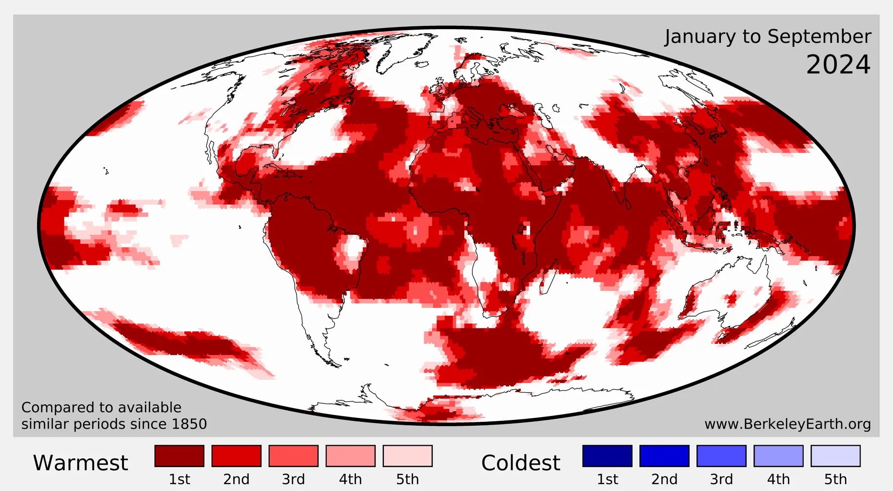 Map of year-to-date (January-September) regions that set new records (warmest through to fifth warmest). Note that no regions set cold records for the year-to-date in 2024.