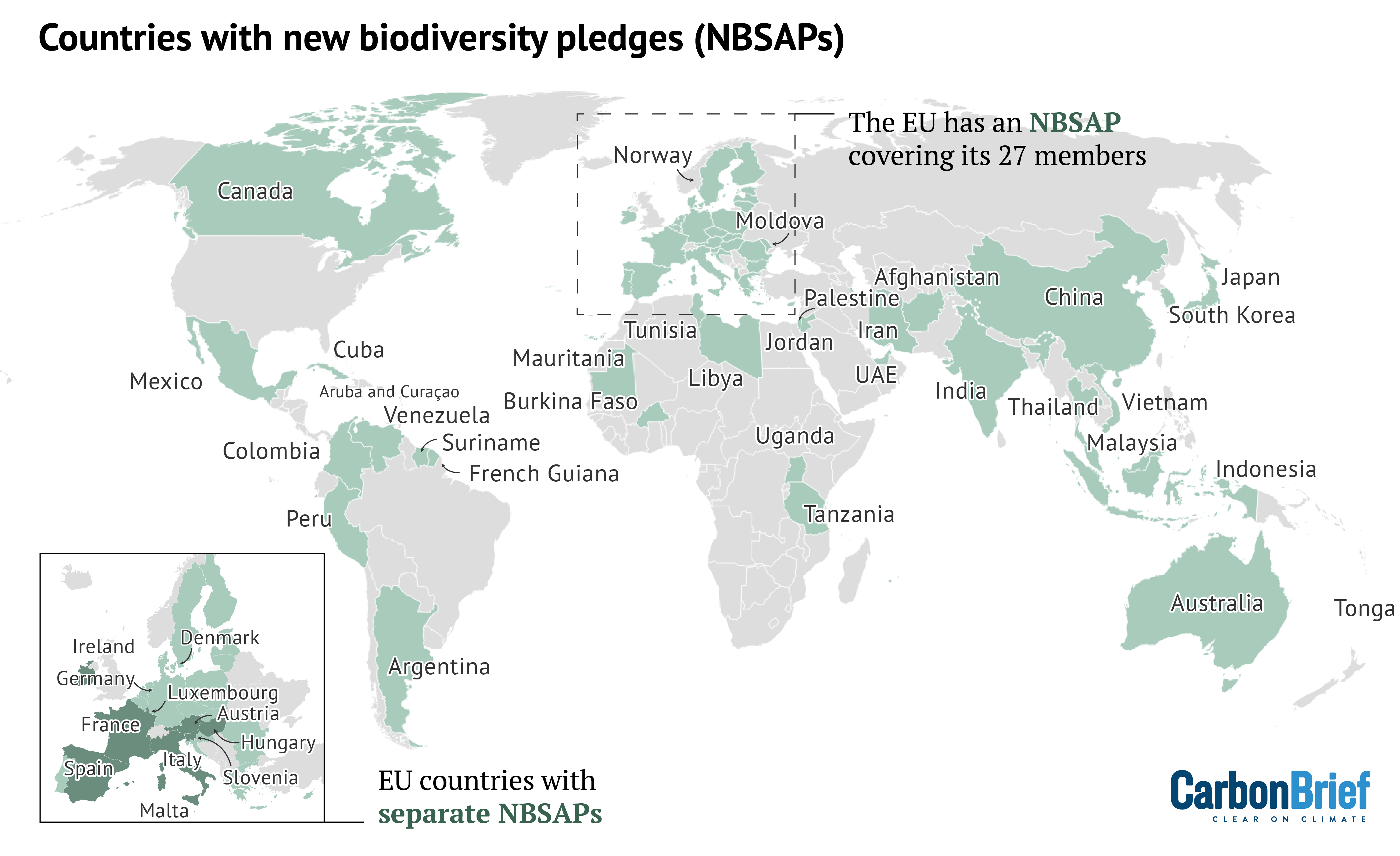 Countries with new national biodiversity strategies and action plans (NBSAPs) as of 1 November. Data source: UN Convention on Biological Diversity. Map by Joe Goodman and Kerry Cleaver for Carbon Brief