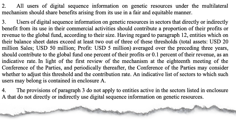 Key paragraphs in the DSI decision that deal with contributions from companies to a global fund meant for sustainable use. Source: UN CBD (2024)