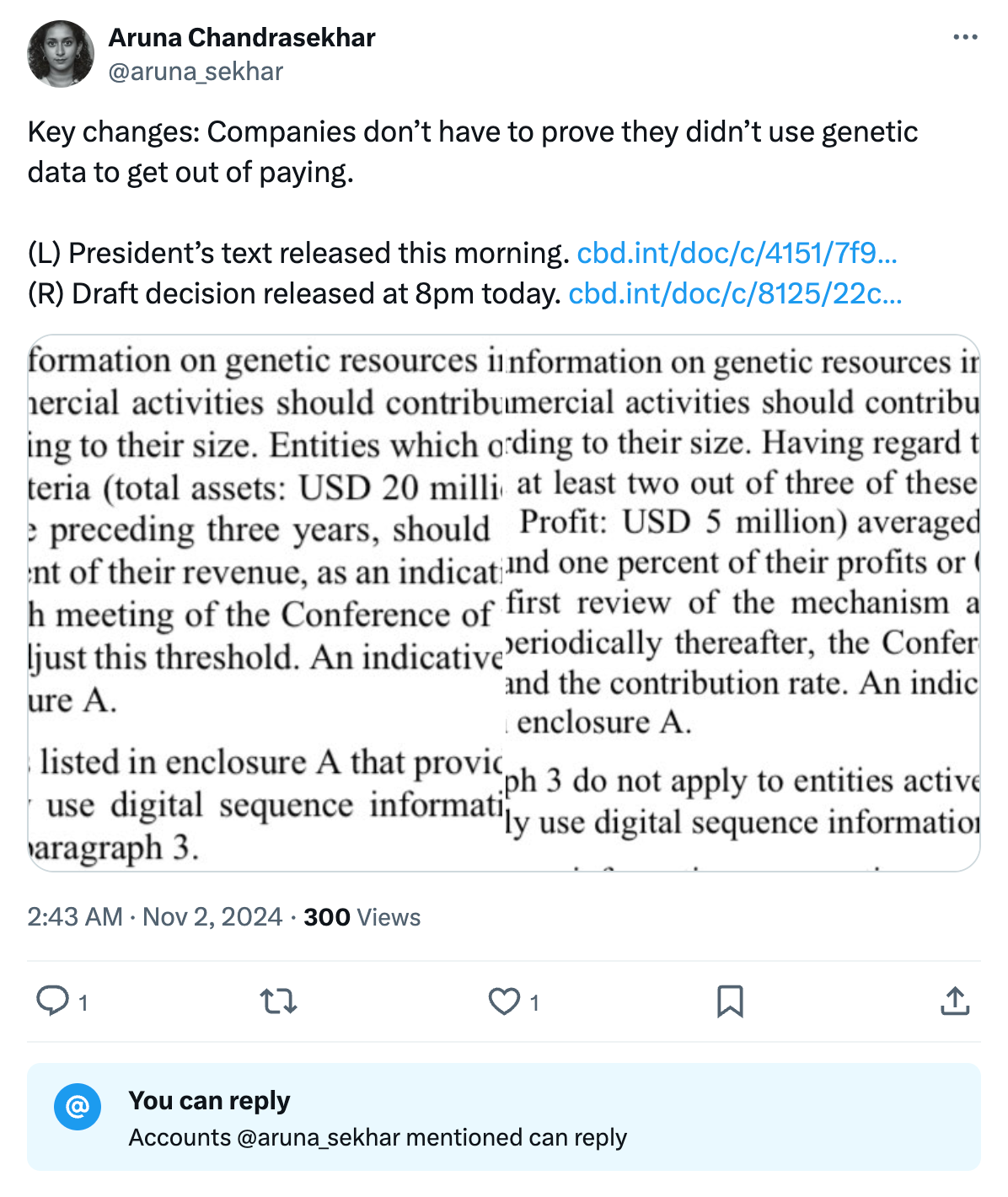 Aruna Chandrasekhar on X/Twitter (@aruna_sekhar): Key changes: Companies don’t have to prove they didn’t use genetic data to get out of paying. (L) President’s text released this morning. https://cbd.int/doc/c/4151/7f9c/805d8df30d07dc7400e19e8a/cop-16-wg1-pes-text-item9-en.pdf (R) Draft decision released at 8pm today. https://cbd.int/doc/c/8125/22ca/baa28ef9465229f7b22cb548/cop-16-l-32-en.pdf