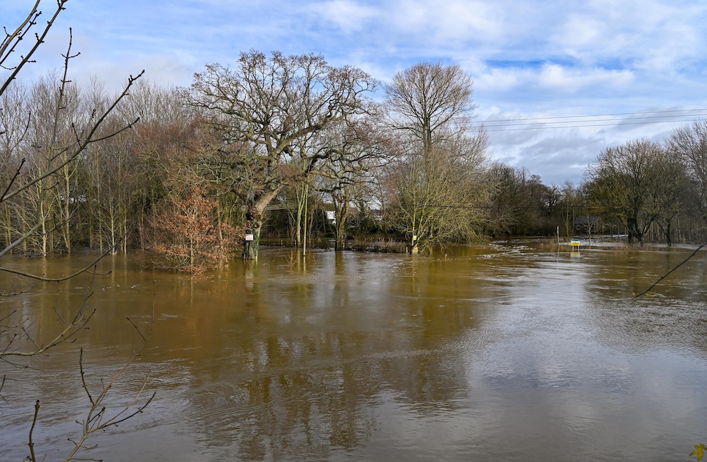 Flooding near Lewes, England after rainfall in December 2019.