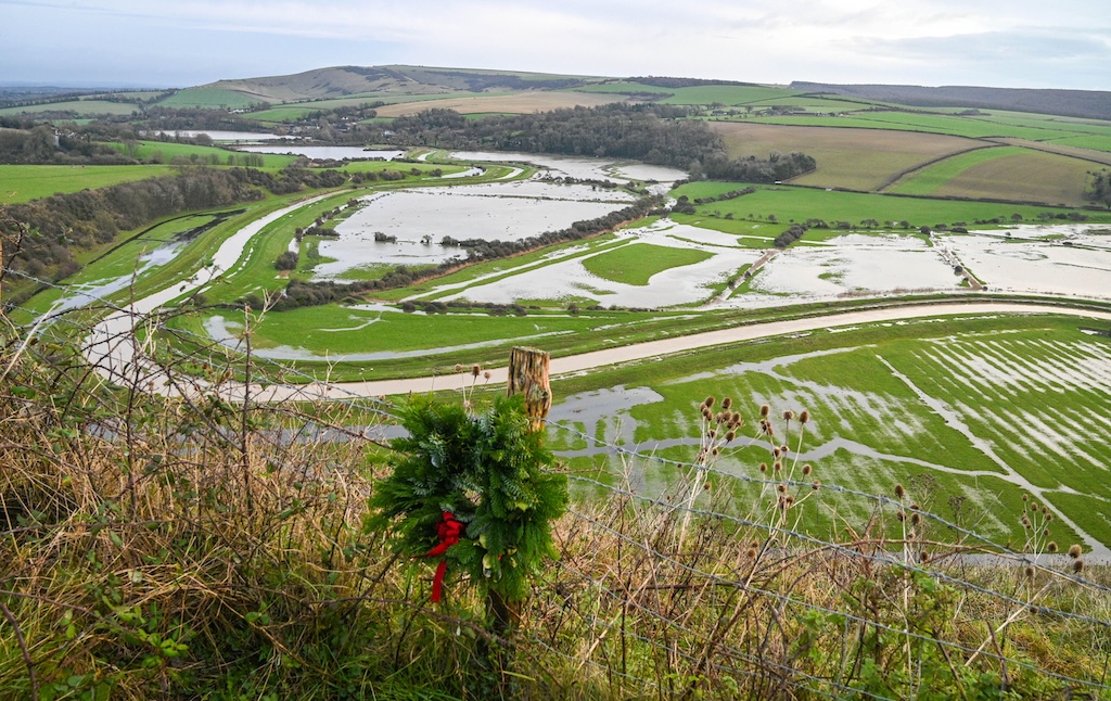 Flooding in Alfriston, Sussex after the Cuckmere River burst its banks in January 2024.