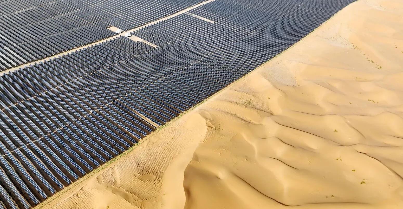 Arial view of a solar farm in the Tengger Desert, China.