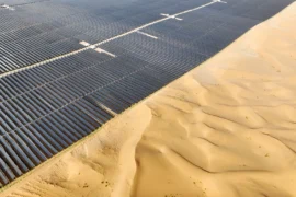 Arial view of a solar farm in the Tengger Desert, China.