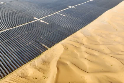 Arial view of a solar farm in the Tengger Desert, China.