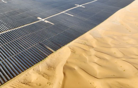 Arial view of a solar farm in the Tengger Desert, China.