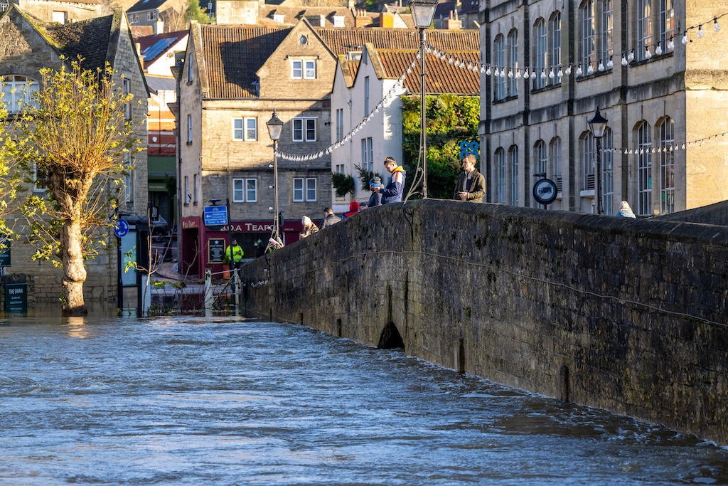 Flooding in Wiltshire, England where the River Avon burst its banks after heavy rain during Storm Bert in November 2024.