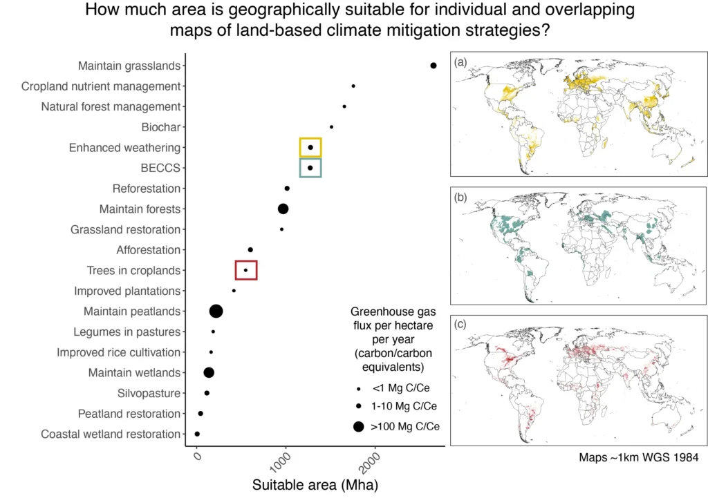 How much area is geographically suitable for individual and overlapping maps of land-based climate mitigation strategies?