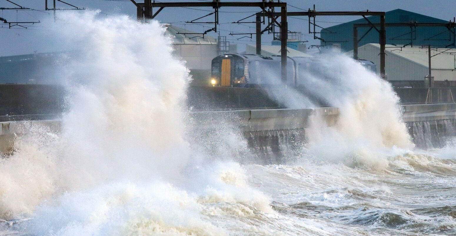 Storm winds of up to 60 mph creating high waves lashing over Saltcoats promenade, UK December 2024.