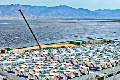 Energy storage system near a solar farm in Gansu province, China.