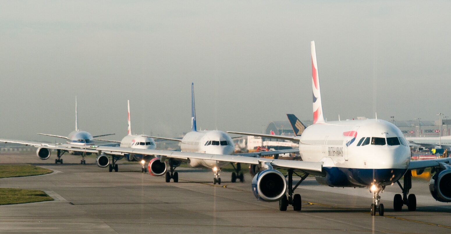 Planes queuing for takeoff at Heathrow airport in Britain.