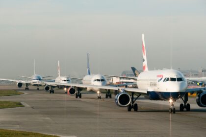 Planes queuing for takeoff at Heathrow airport in Britain.