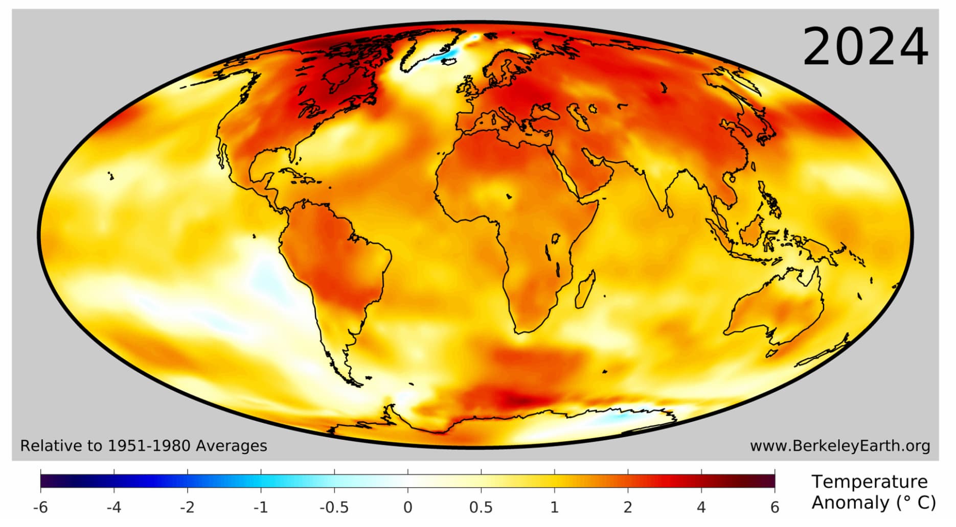 2024 global heat map, relative to 1951-1980 averages