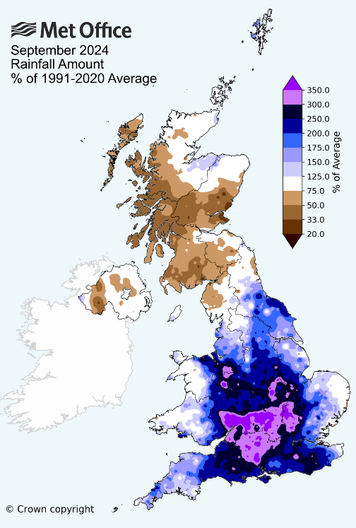 September rainfall map, UK