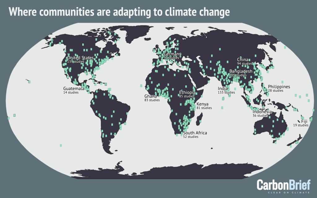 The map above uses squares to illustrate 1,682 studies where communities are taking on-ground measures to adapt to climate change, from the islands of Tuvalu to the high mountains of Nepal. These studies were collated as part of the most comprehensive assessment to date of the scientific literature on climate adaptation. Carbon Brief has produced an interactive article based on the database that pulls out some of the key findings and explores global trends.