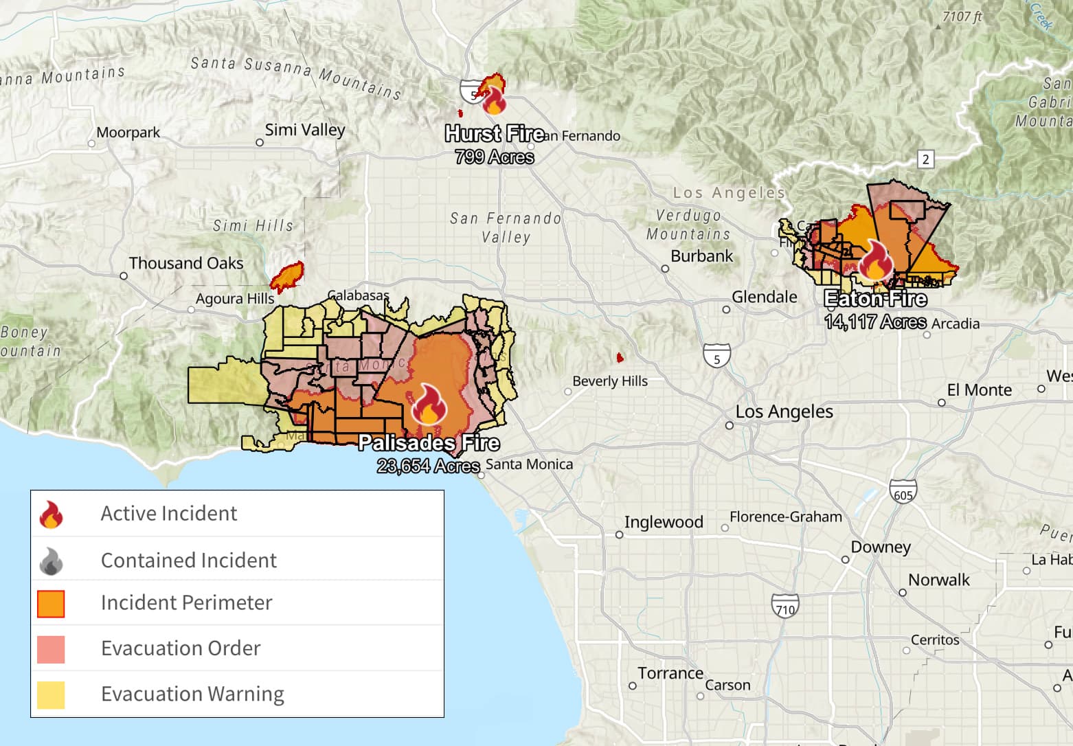 Map showing location and scale of Palisade, Eaton and Hurst fires on 13 January.