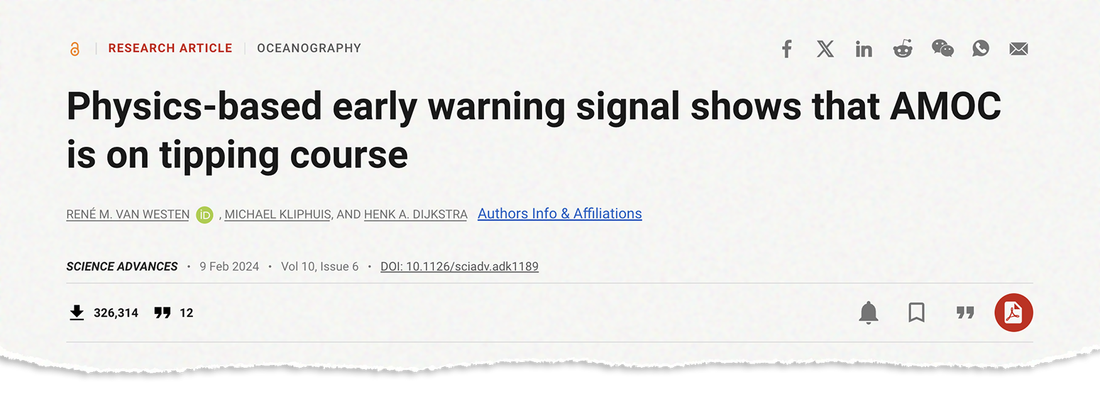 Physics-based warning signal shows that AMOC is on tipping course