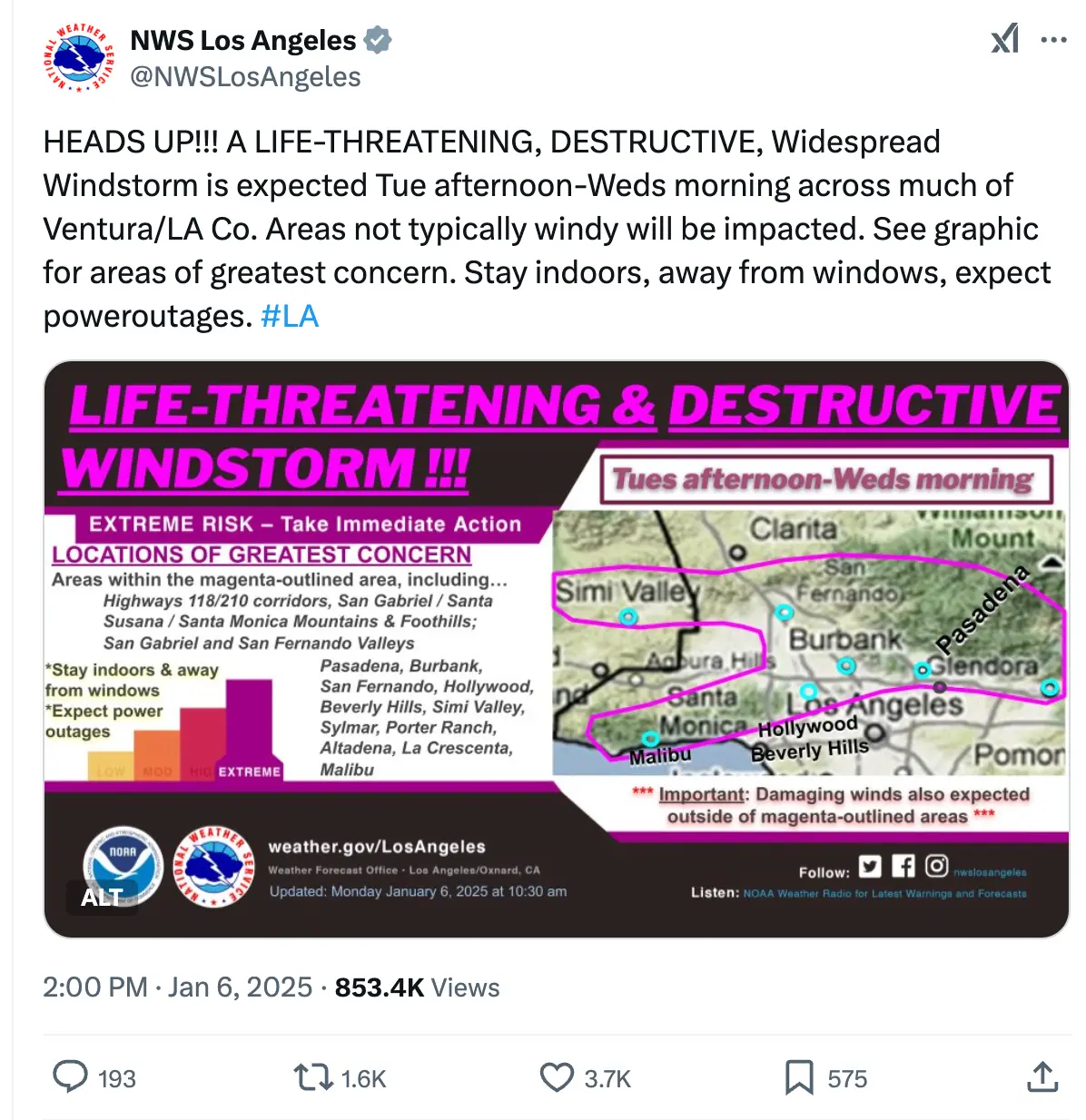 NWS Los Angeles on X: HEADS UP!!! A LIFE-THREATENING, DESTRUCTIVE