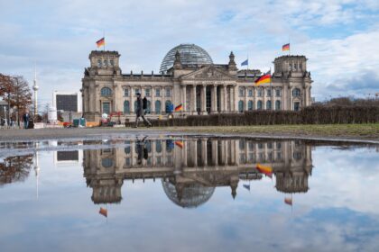 The western facade of the Reichstag building in Berlin.