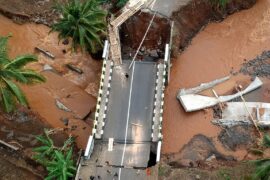 An aerial view of a bridge damaged by floods in West Java province, Indonesia in December 2024.