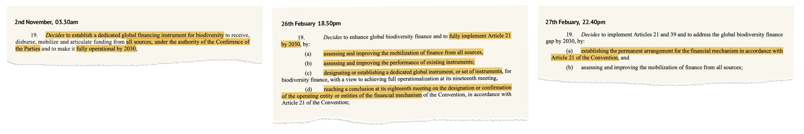 Graphic showing successive iterations of language around the new financial instrument from Cali to Rome.