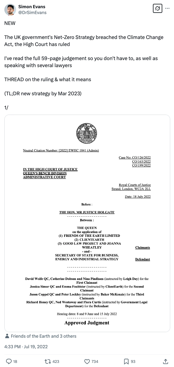 Simon Evan on Twitter/X (@DrSimEvans): "NEW The UK government's Net-Zero Strategy breached the Climate Change Act, the High Court has ruled I've read the full 59-page judgement so you don't have to, as well as speaking with several lawyers THREAD on the ruling & what it means (TL;DR new strategy by Mar 2023) 1/"