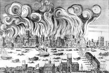 Wood cut of the Great Fire of London in 1666.