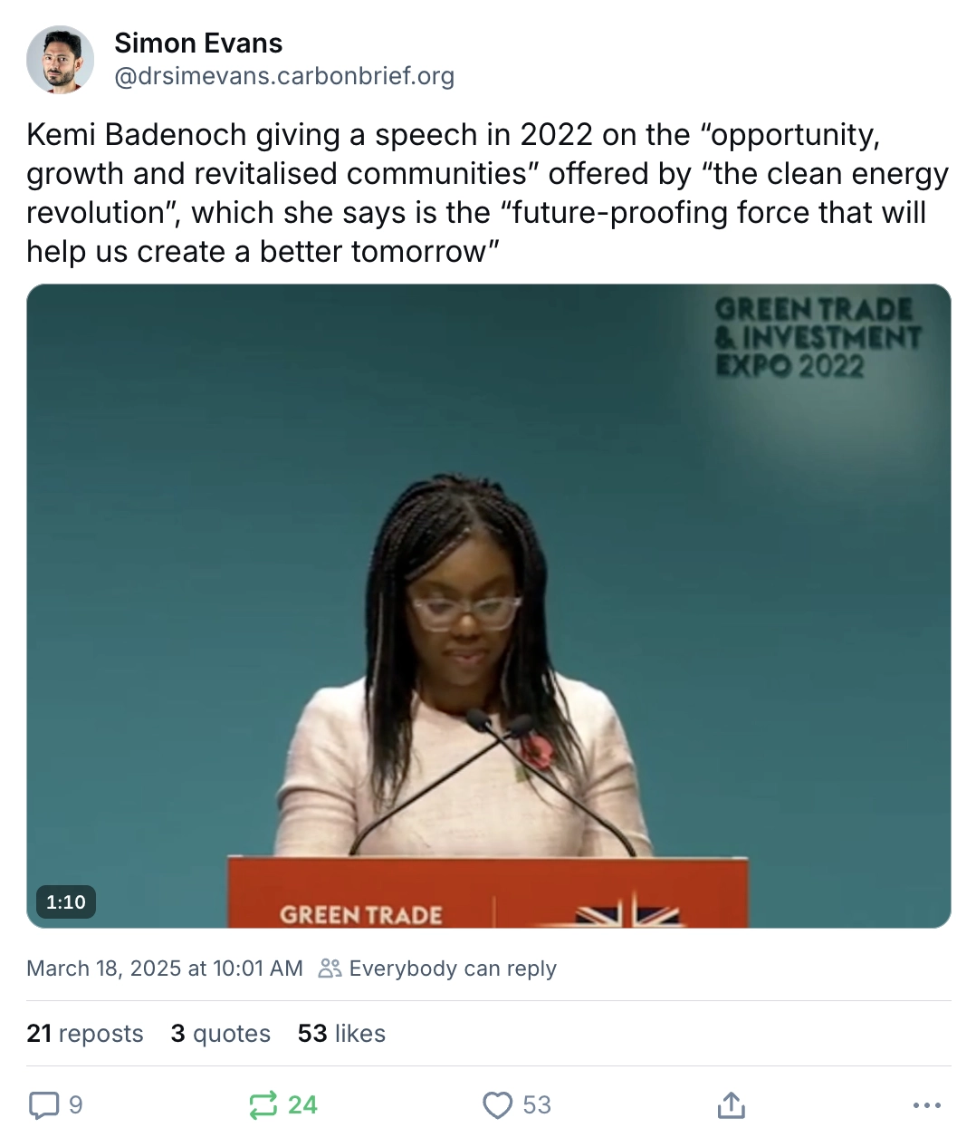 Simon Evans on BlueSky (@drsimevans.carbonbrief.org‬): "Kemi Badenoch giving a speech in 2022 on the “opportunity, growth and revitalised communities” offered by “the clean energy revolution”, which she says is the “future-proofing force that will help us create a better tomorrow”