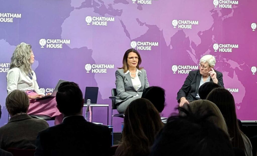 COP30 CEO Ana Toni and UK climate envoy Rachel Kyte at Chatham House. Credit: Anika Patel, Carbon Brief