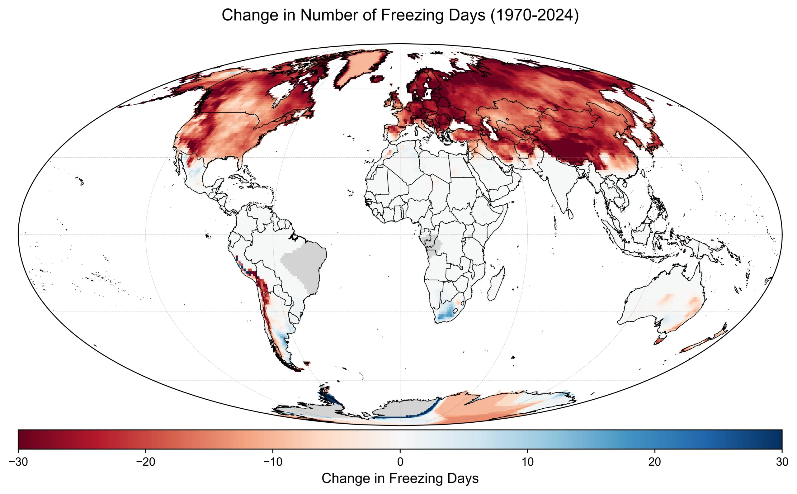 Change in the number of days with minimum daily temperatures below 0C over 1970-2024