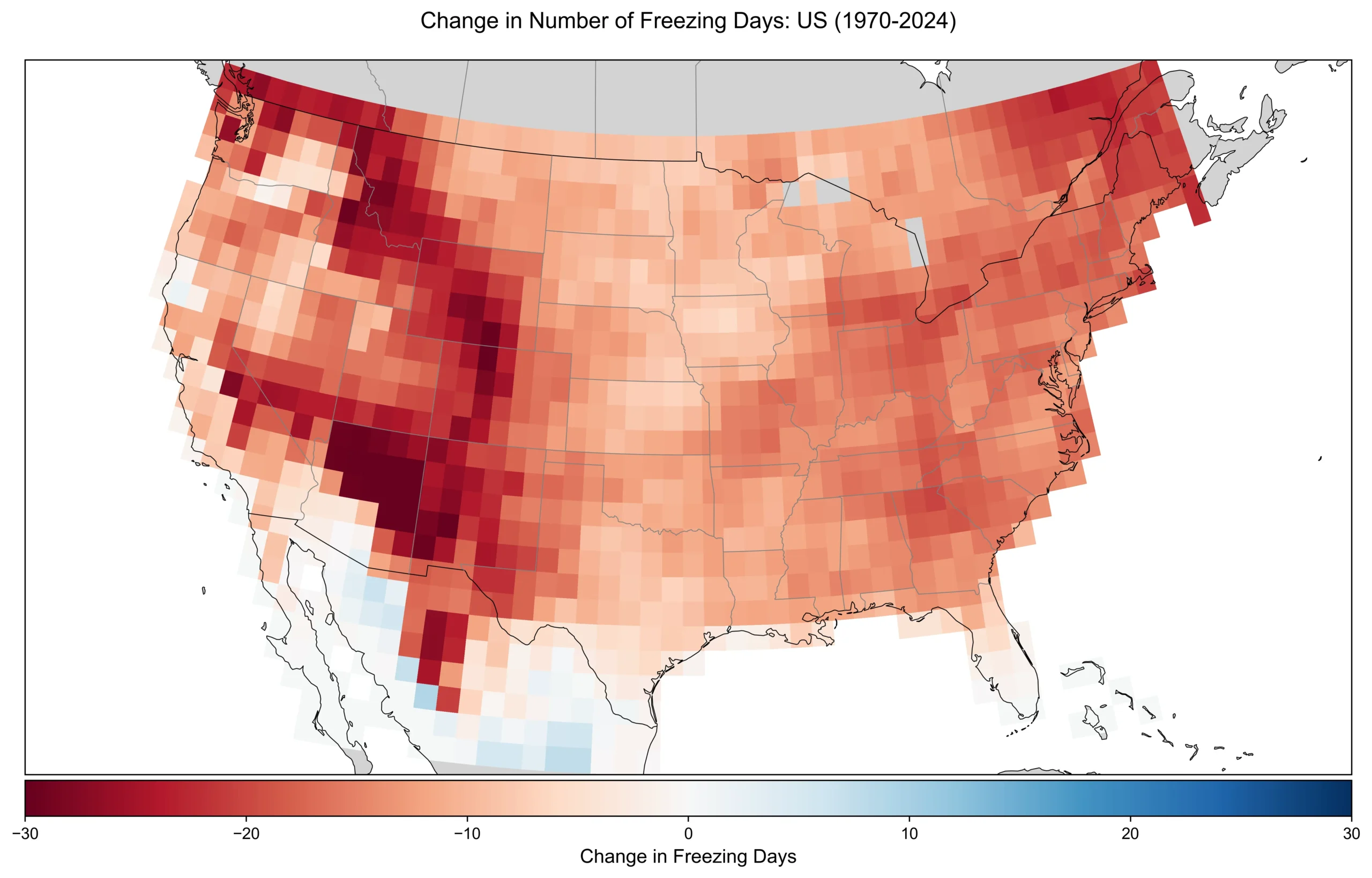 Change in the number of days with minimum daily temperatures below 0C over 1970-2024 in the contiguous US.